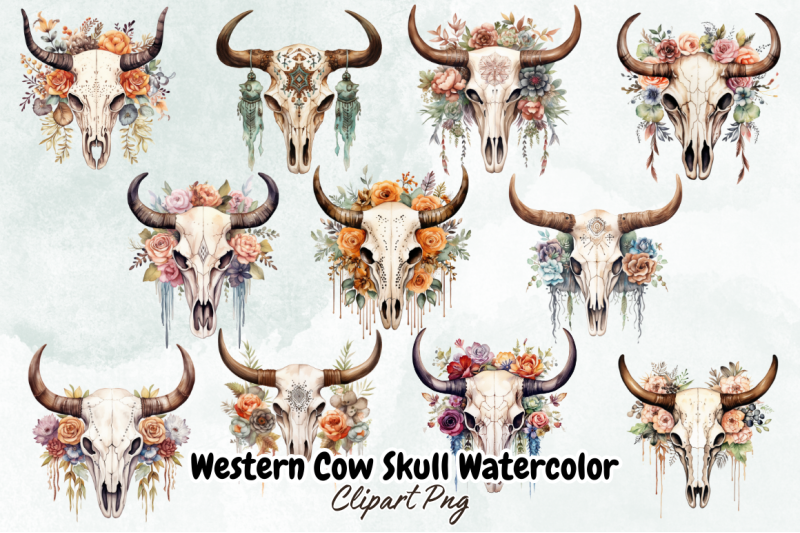 western-cow-skull-watercolor-bundle