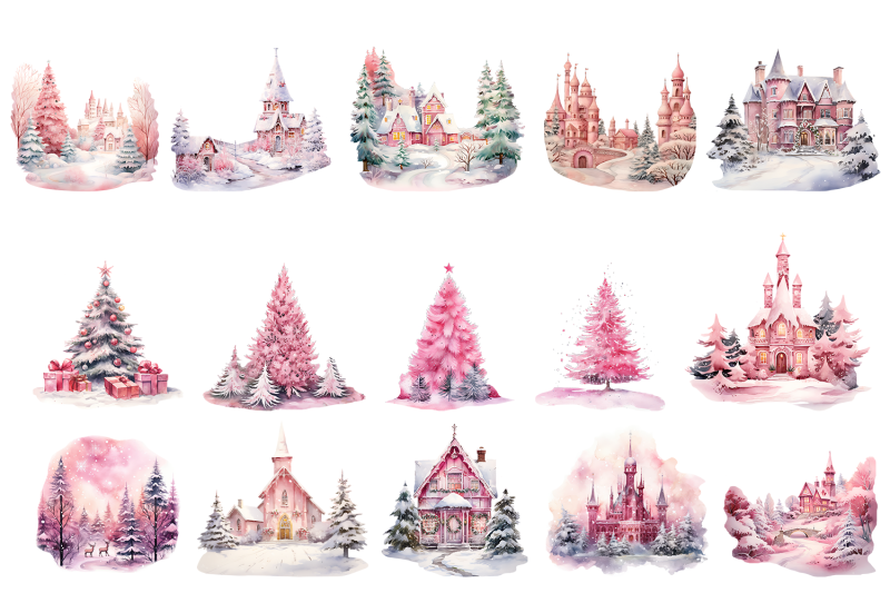 winter-wonderland-pink-castle-and-tree-clipart