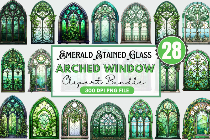 emerald-stained-glass-arched-window-clipart