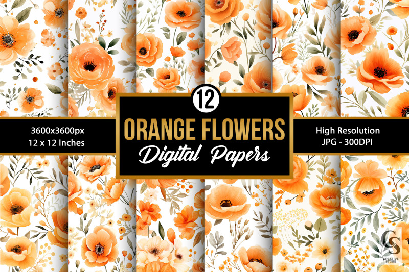 watercolor-orange-flowers-digital-paper-patterns