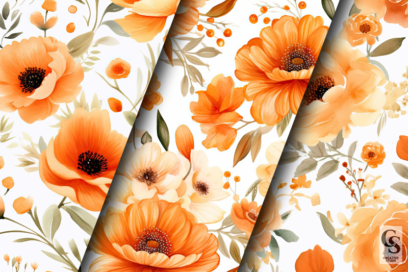 watercolor-orange-flowers-digital-paper-patterns