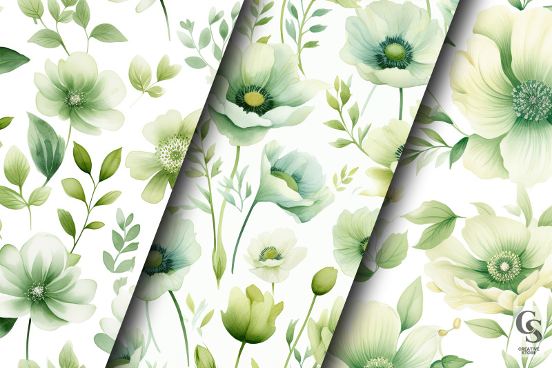 green-watercolor-floral-seamless-patterns