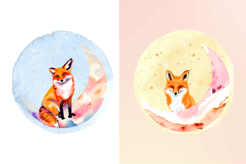 watercolor-cute-fox-on-the-moon-clipart-bundle