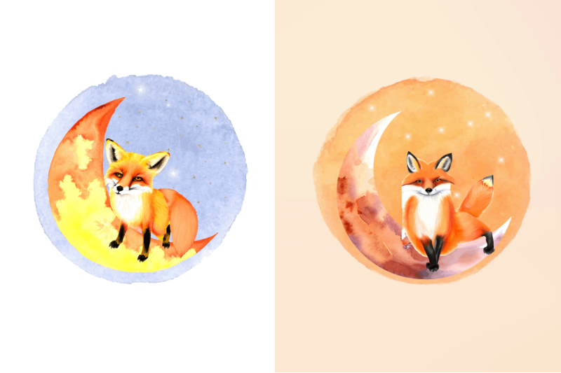 watercolor-cute-fox-on-the-moon-clipart-bundle