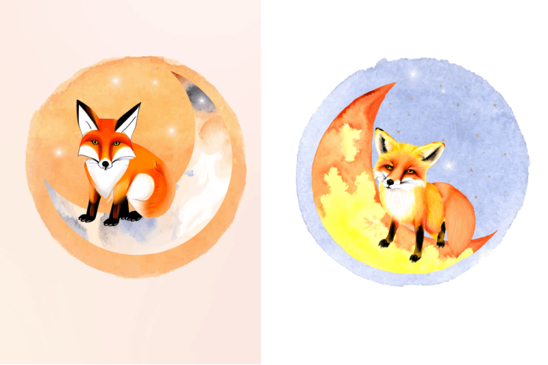 watercolor-cute-fox-on-the-moon-clipart-bundle