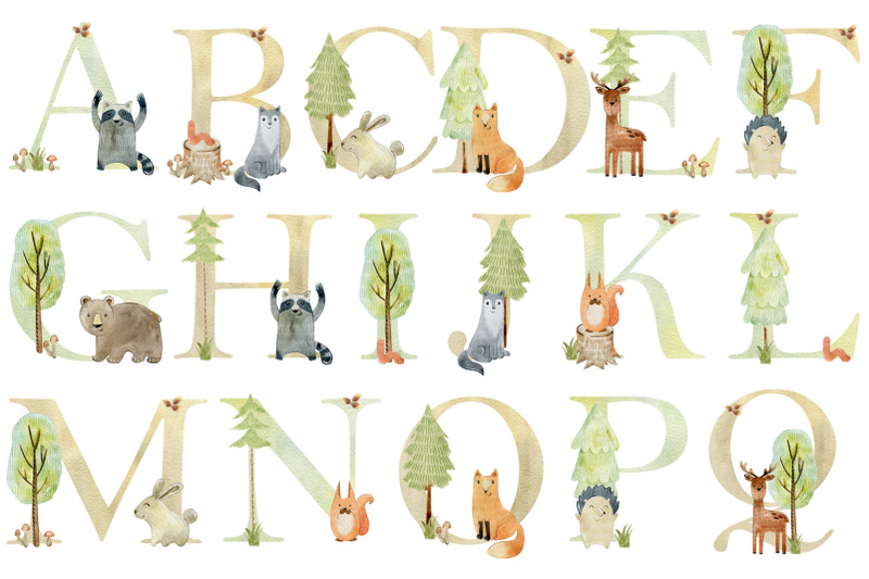 watercolor-alphabet-with-forest-animals