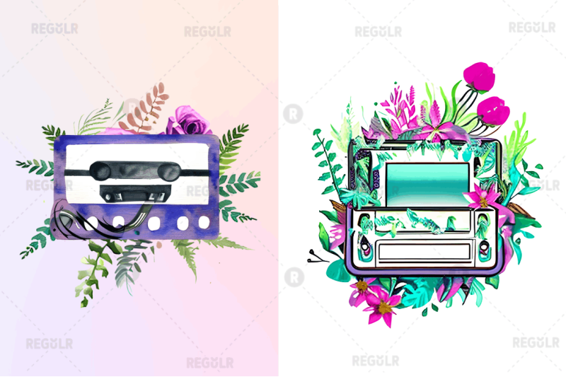 watercolor-floral-cassettes-clipart-bundle