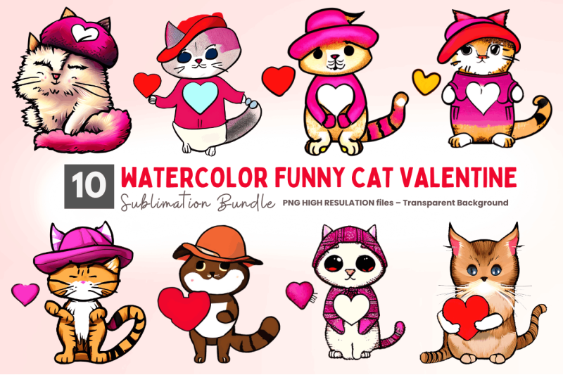 watercolor-funny-cat-valentine-clipart-bundle