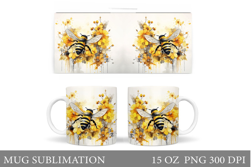 bee-flowers-mug-wrap-design-bee-watercolor-mug-wrap