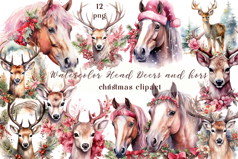 watercolor-head-deers-and-hors-christmas-clipart