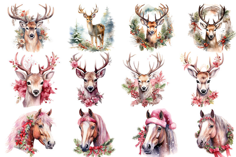 watercolor-head-deers-and-hors-christmas-clipart