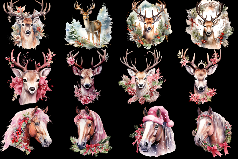 watercolor-head-deers-and-hors-christmas-clipart