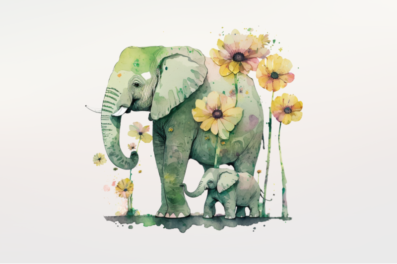 watercolor-elephant-mom-floral-sublimation-clipart-bundle