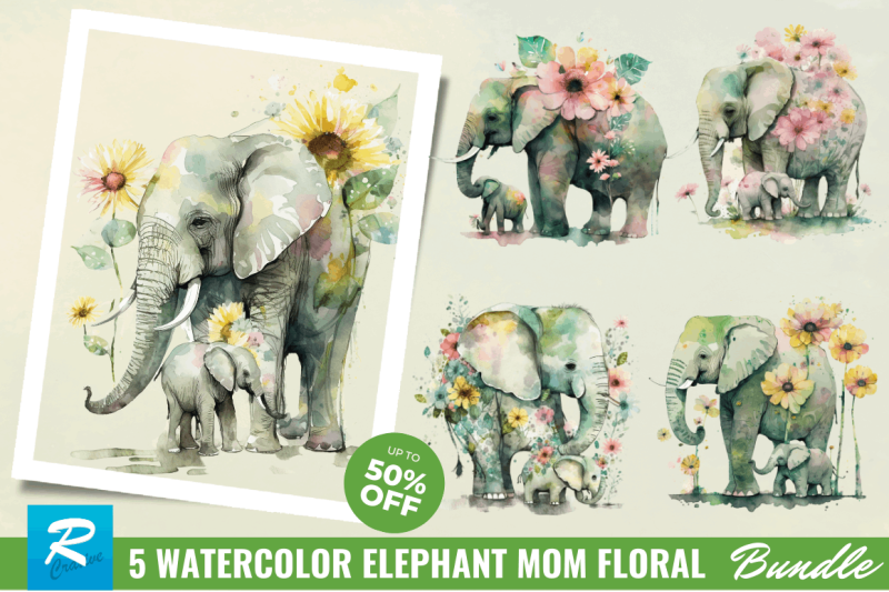 watercolor-elephant-mom-floral-sublimation-clipart-bundle