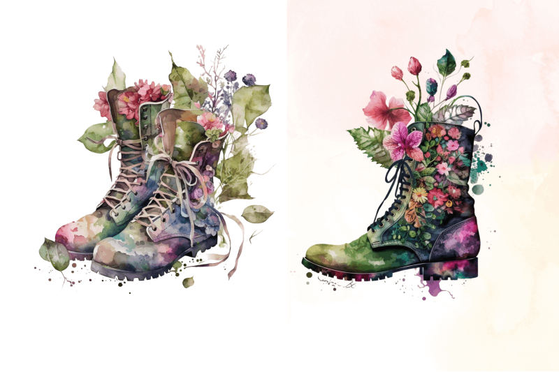 watercolor-leather-flower-boots-clipart-bundle