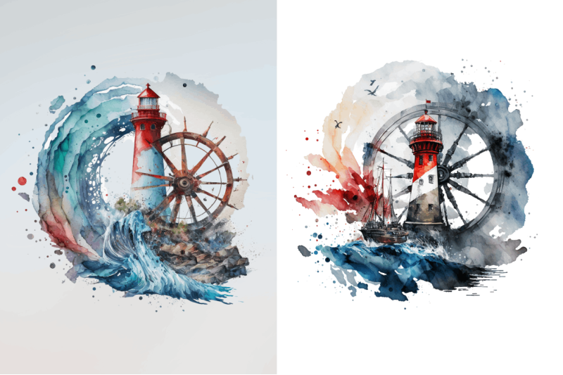 watercolor-wheel-and-lighthouse-clipart-bundle