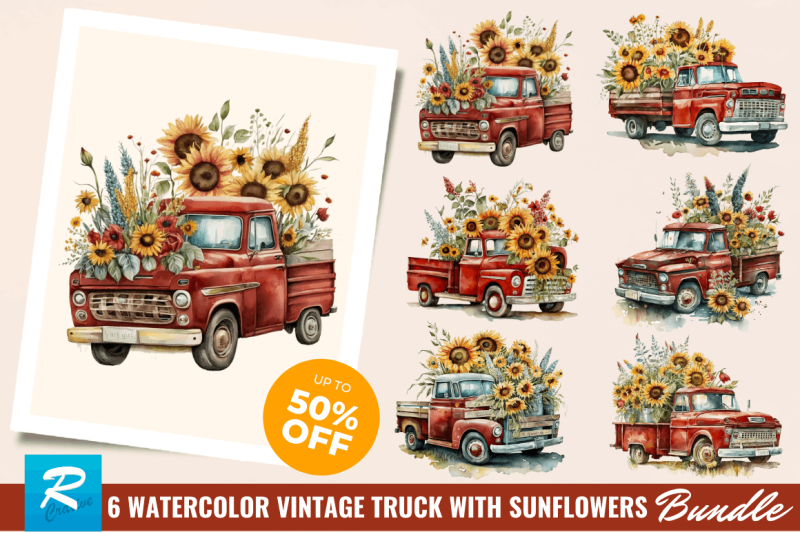 watercolor-vintage-red-truck-with-sunflowers-clipart-bundle