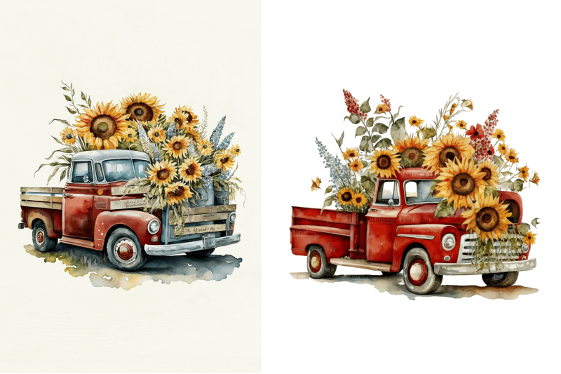 watercolor-vintage-red-truck-with-sunflowers-clipart-bundle