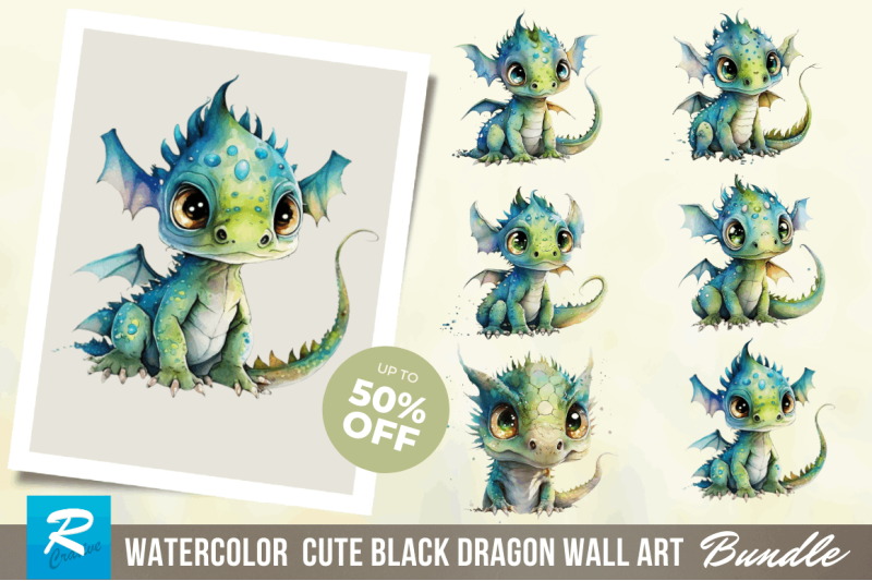 watercolor-cute-black-dragon-wall-art-clipart-bundle