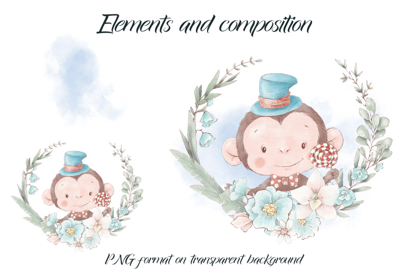 cute-monkey-in-a-wreath-of-flowers-design-for-printing