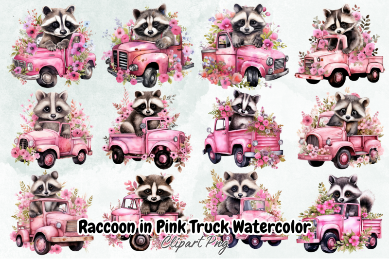 raccoon-in-pink-truck-watercolorr