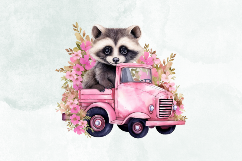 raccoon-in-pink-truck-watercolorr