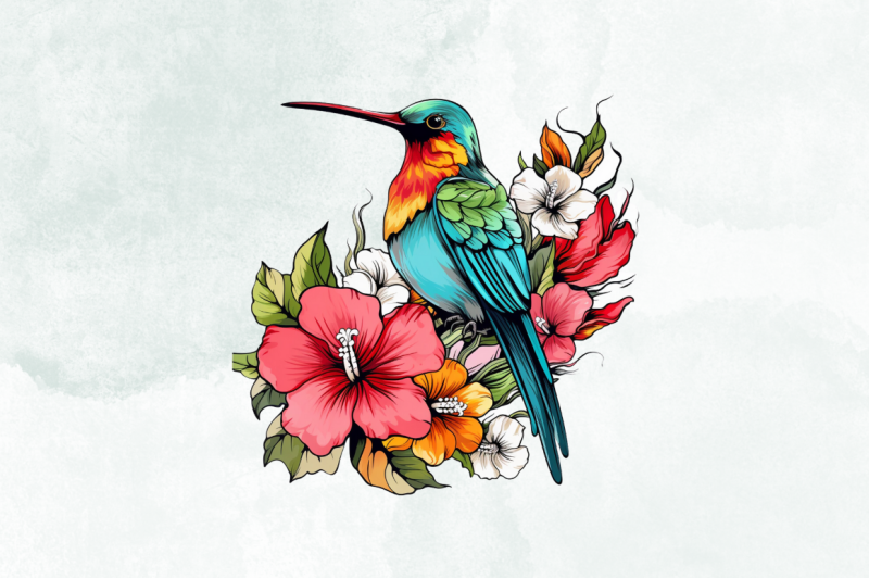 cute-hummingbird-with-tropical-flowers