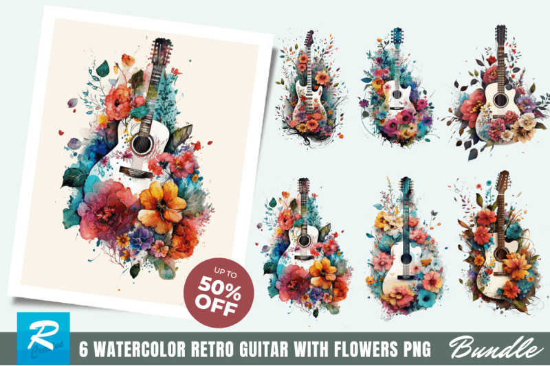 watercolor-retro-guitar-with-flowers-bundle