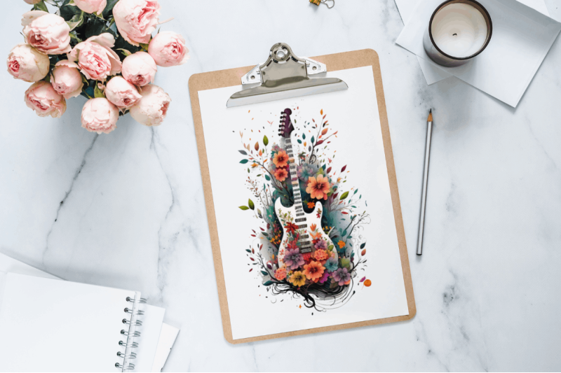 watercolor-retro-guitar-with-flowers-bundle