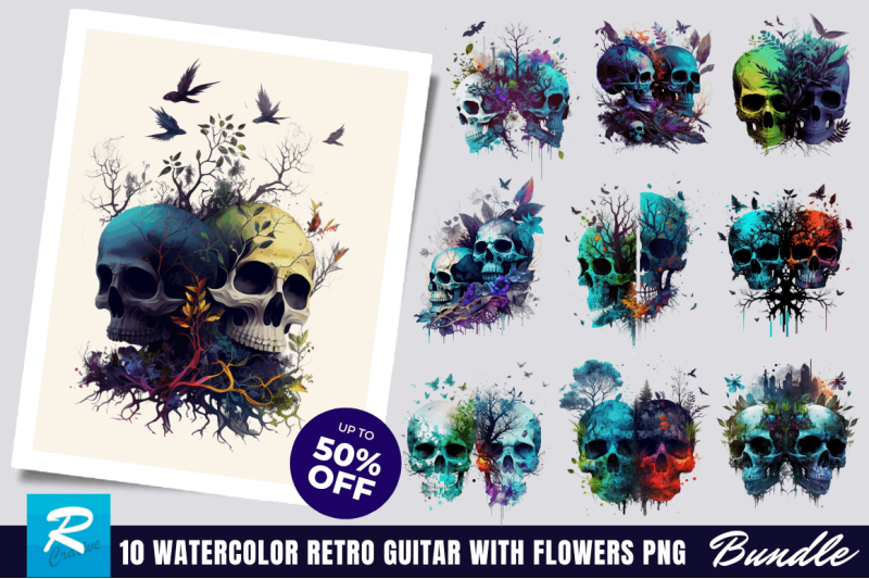 watercolor-dark-skulls-gothic-nature-clipart-bundle