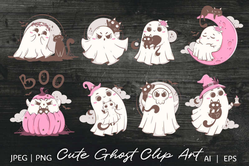 8-cute-ghost-with-cat-groovy-pink-halloween-clipart