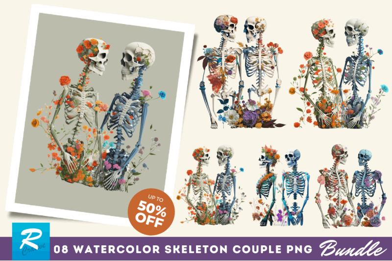 watercolor-skeleton-couple-clipart-bundle