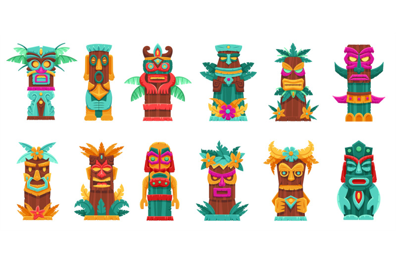 cartoon-tiki-totem-tropical-wooden-mask-statue-tribal-island-bamboo