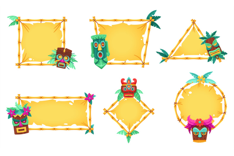 cartoon-tiki-totem-banner-frames-bamboo-tribal-borders-hawaiian-menu