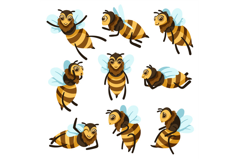 cartoon-bees-cute-bee-character-in-different-poses-flying-honey-bee