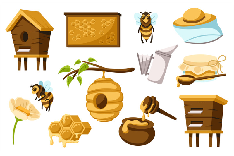 cartoon-honey-production-items-honey-bees-beehive-honeycomb-and-bot