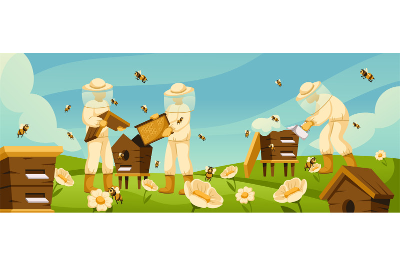 cartoon-beekeepers-at-apiary-honey-bees-flying-around-beehives-in-flo