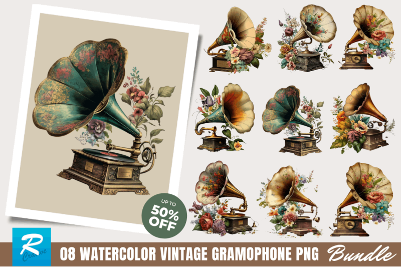 watercolor-vintage-gramophone-clipart-bundle