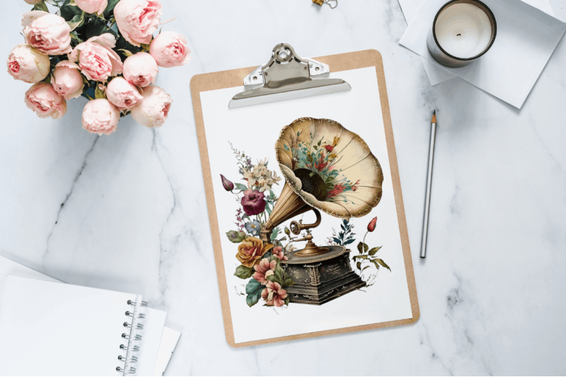 watercolor-vintage-gramophone-clipart-bundle