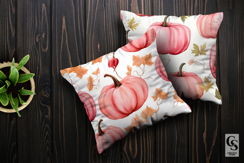 watercolor-pink-pumpkins-seamless-patterns