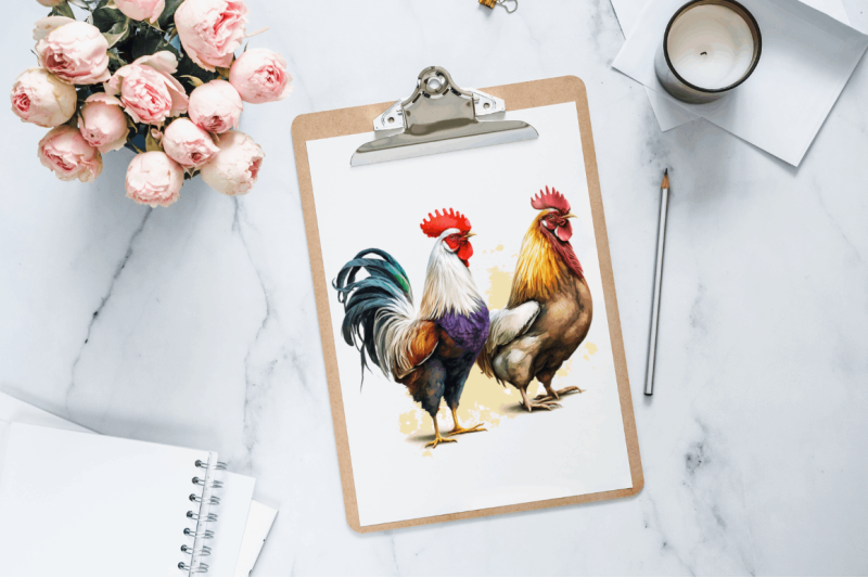 watercolor-hens-and-roosters-clipart-bundle