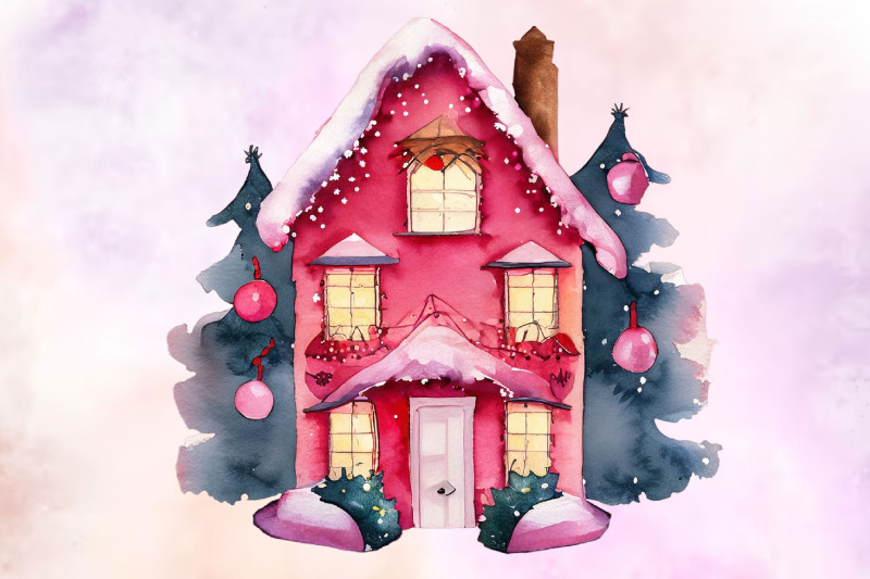 pink-christmas-house-watercolor-clipart-png