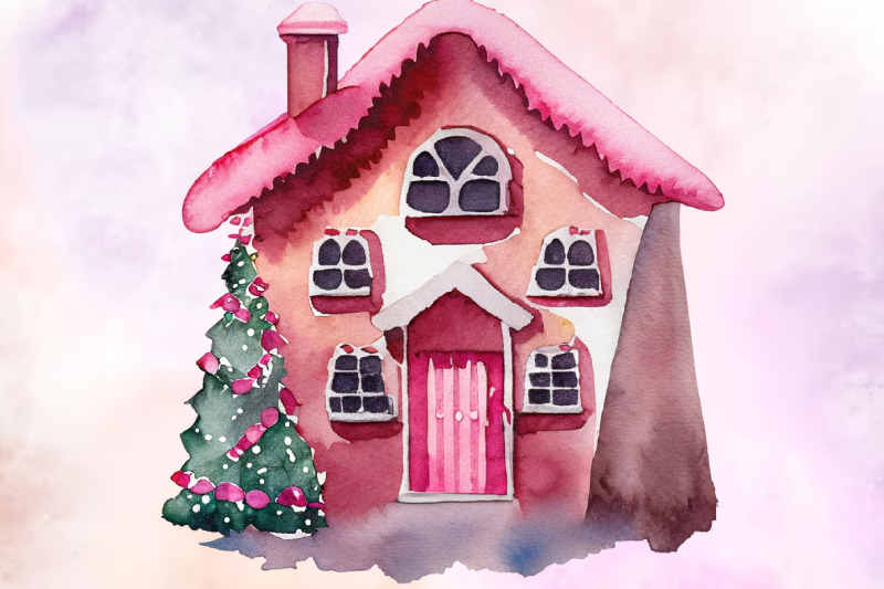 pink-christmas-house-watercolor-clipart-png