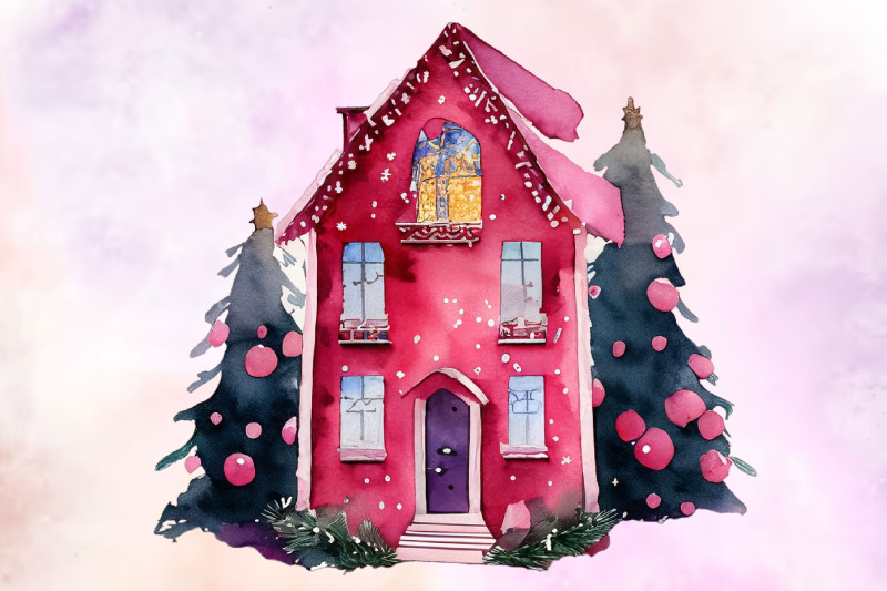 pink-christmas-house-watercolor-clipart-png