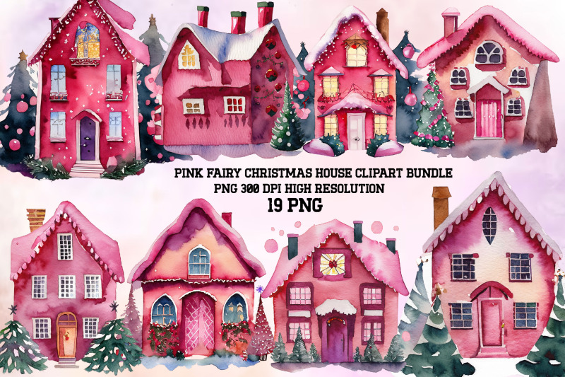 pink-christmas-house-watercolor-clipart-png