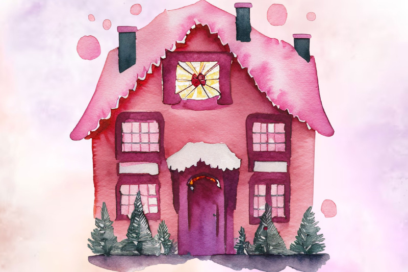 pink-christmas-house-watercolor-clipart-png