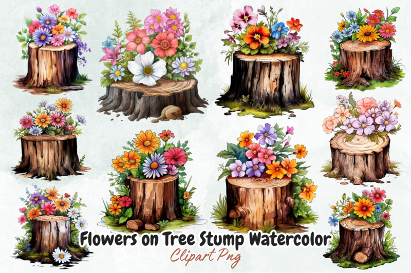 flowers-on-tree-stump-watercolor-clipart