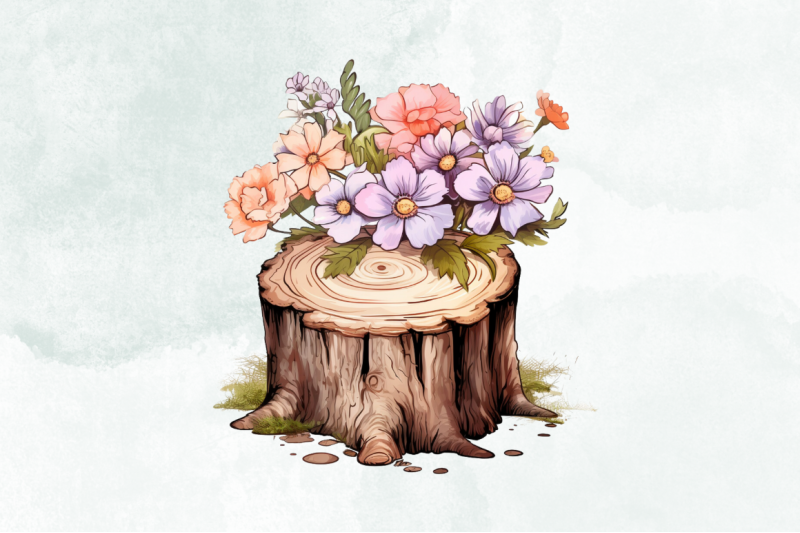 flowers-on-tree-stump-watercolor-clipart