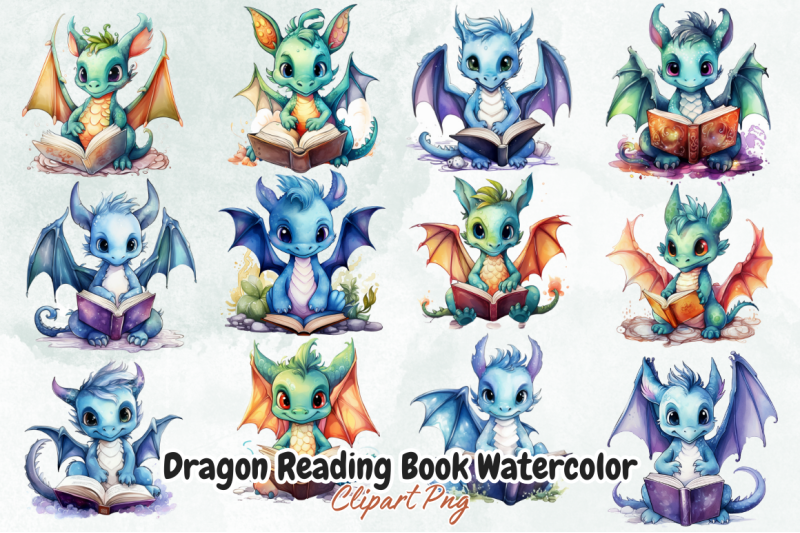 dragon-reading-book-watercolor-clipart