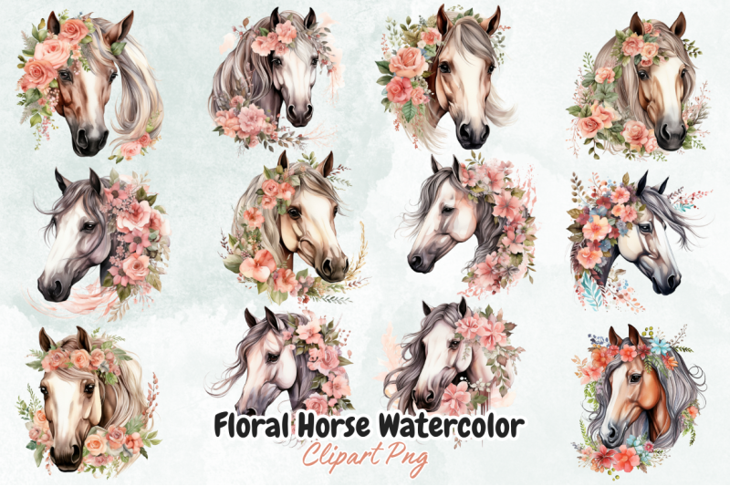 floral-horse-watercolor-clipart-bundle